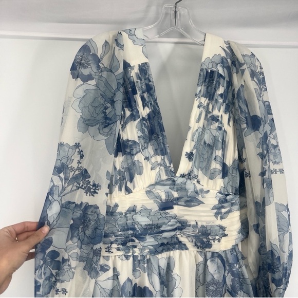BHLDN Blue White Floral V Neck Long Sleeve Chiffon Formal Maxi Dress Gown Small - Picture 5 of 11